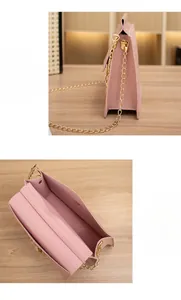 Detail of pink PU leather envelope bag with gold chain strap and large interior space