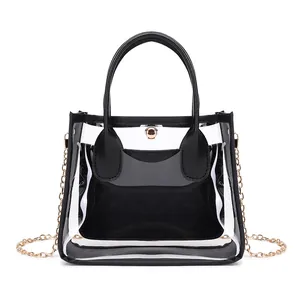Borsa a mano trasparente in PVC con astuccio nero e tracolla a catena d'oro
