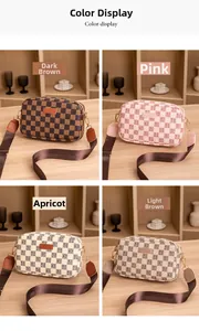 Four stylish checkered camera bags in pink, apricot, and brown with woven straps