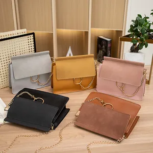 Women's Small Square Crossbody Bag PU Leather Suede Patchwork Metal Ring Chain Decorative Shoulder Bag Daily Casual Bag For Women