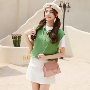 Chic pink color-block crossbody bag with gold metal ring and chain strap for women
