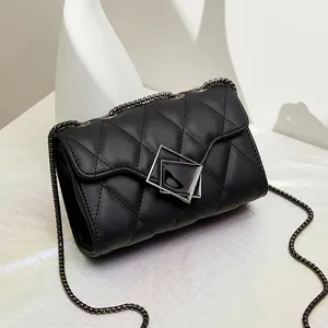 Women Quilted Shoulder Bag PU Leather Square Crossbody Bag Metal Chain Strap Geometric Buckle Fashion Daily Casual Purse