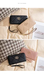 Detailed close-up of quilted long wallets in black, beige, and pink with golden ring buckles