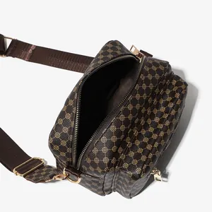 Braune Kamera-Tasche mit Blumenmuster, Doppelreißverschluss und verstellbarem breitem Webgurt