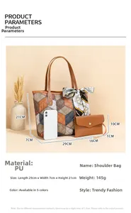 Detailed size comparison of multi-color PU leather patchwork tote bag and clutch set