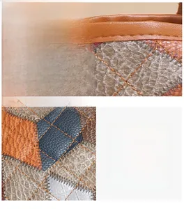 Detailed view of color-block PU leather tote with snakeskin texture and tight stitching