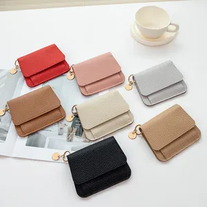 Minimalista Mini Portamonete in Pelle PU con Motivo a Litchi Portacarte per Donna Ciondolo Tondo Oro Portafoglio Pieghevole Accessori