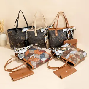 Women Retro PU Leather Tote Bag With Matching Pouch And Decorative Scarf Geometric Patchwork Letter Print Shoulder Handbag