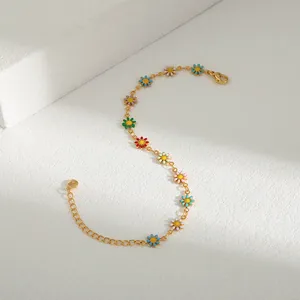 Colorful enamel daisy flower bracelet in gold finish with adjustable lobster clasp