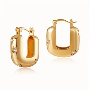 Orecchini a cerchio a U placcati in oro 18K con pietre di zircone scintillanti a stella