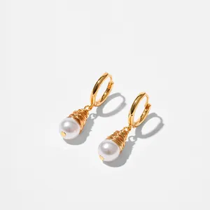 Boucles d'oreilles vintage en laiton doré 18K avec perles enroulées de fil d'or