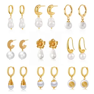 Boucles d'Oreilles Vintage en Künstliche Perles Baroques pour Femmes Cuivre Plaqué Or Coeur Fleur Étoile de Mer Zirconia Bijoux