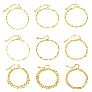 Retro 18K Gold Plated Brass Chain Bracelet For Women Minimalist Geometric Heart Leaf Star Bead Link Bracelet Jewelry Gift