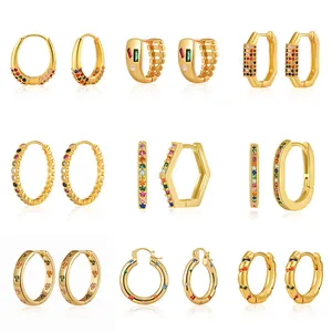 18K Gold Plated Brass Cubic Zirconia Huggie Hoop Earrings For Women Colorful Rainbow Stone Vintage Luxury Fashion Jewelry