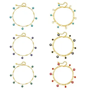 Bracelet de Cheville Mauvais Œil en Laiton Plaqué Or 18K Pour Femmes Chaîne Figaro Émail Œil Bleu Zirconium Bijoux de Pied Réglables
