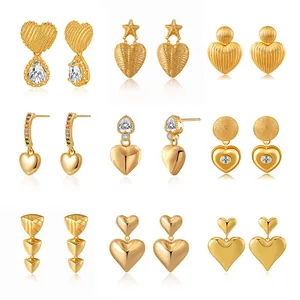 18K Gold Plated Brass Heart Drop Stud Earrings Vintage Zirconia Artificial Pearl Geometric Designer Jewelry For Women Accessory