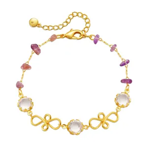 Böhmisches 18K vergoldetes Armband mit lila Steinen und großen klaren Kristallen