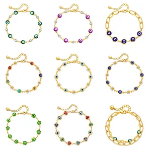 18K Gold Plated Copper Evil Eye Hamsa Hand Bracelet For Women Enamel Daisy Adjustable Ethnic Bohemian Bracelet Jewelry