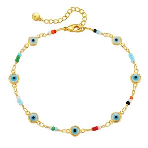 Bracelet de cheville mauvais œil avec perles colorées et chaîne plaquée or 18 carats