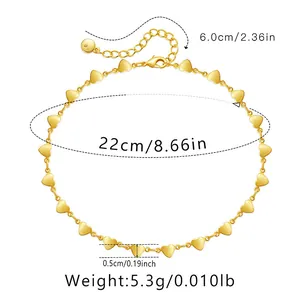 Close-up of 18K gold plated heart chain anklet with 22cm length and 6cm extender details