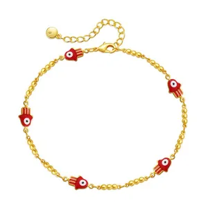 Tobillera de cuentas doradas con colgantes rojos de mano de Hamsa y ojo de la suerte