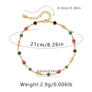 Detail showing the 21cm gold-plated anklet with multi-colored glass gems and sizing info