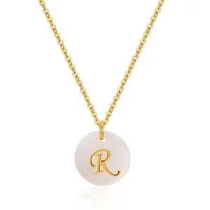 Collier en laiton plaqué or 18 carats avec pendentif en nacre et lettre R florale