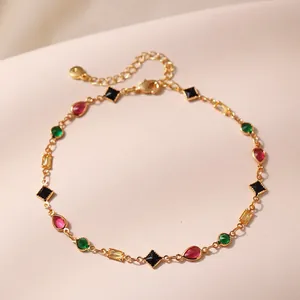 Bohemian Gold Plated Alloy Anklet With Multicolor Geometric Glass Stones For Women Beach Vacation Adjustable Foot Chain