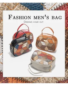 Detailed view of color-block geometric pattern on faux crocodile leather crossbody bags