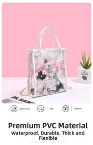 Detailansicht der transparenten Gänseblümchen-PVC-Handtasche mit goldener Kette und Griff