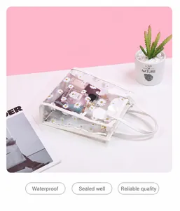 Makroaufnahme der transparenten Gänseblümchen-Handtasche aus PVC mit weißen Griffen