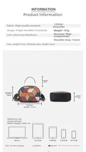 Detailed size chart and dimensions of the crossbody bag with item reference comparisons