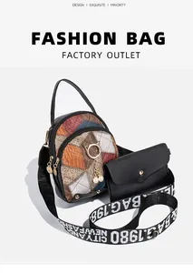 Detail view of quilted leather bag with pearl cat charm and patterned wide strap