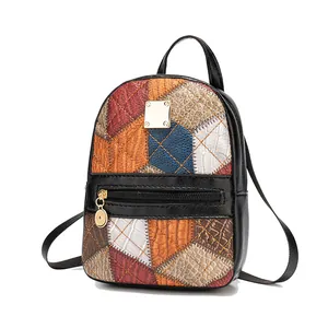 Women's multi-color patchwork mini backpack with rhombus quilting and gold hardware