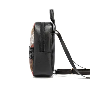 Mini quilted backpack for women featuring colorful patchwork leather and side profile view