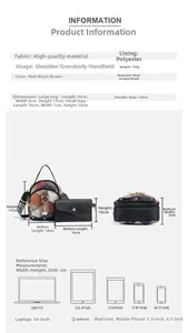 Size chart showing dimensions for crossbody cube bag and cat charm pouch with strap info