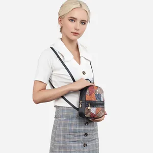 Women's colorful patchwork mini backpack with geometric embroidery and leather straps