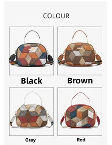 Detailed view of color-block geometric PU leather crossbody bags in four distinct colors