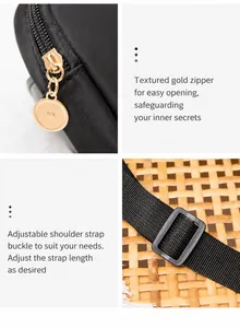 Detail of gold zipper puller and adjustable shoulder strap on black nylon chest bag