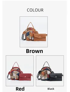 Three-color crossbody bag set with cube quilting and pearl cat charm in brown red black