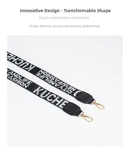 Detail of reinforced black fabric strap with white lettering and gold metal lobster clasp