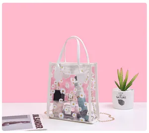 Macro view of clear PVC handbag featuring white daisy prints and a thin metal chain strap