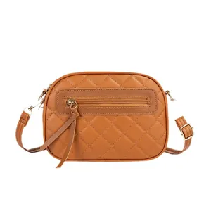 Brown quilted PU leather oval crossbody camera bag with adjustable shoulder strap