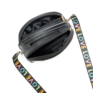 Women's cubic crossbody bag with multi-zipper compartments and wide LOVE strap