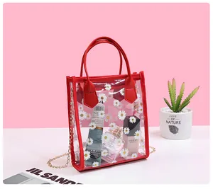 Detail of transparent daisy print handbag with red leather trim and gold chain strap