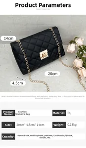Detail showing dimensions and capacity of a black quilted chain bag with gold lock