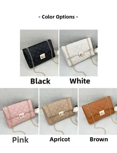 Collage of quilted shoulder bags with metal chain straps in black white pink and brown
