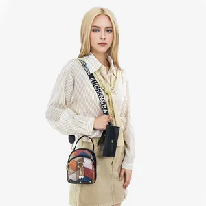 Women's color-block quilted shoulder bag with cat charm and pearl tassel detail