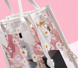 Detailansicht der transparenten Gänseblümchen-Tasche mit Goldkette und Metallbeschlägen