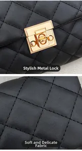 Detail of black quilted leather shoulder bag with elegant golden rectangular twist lock